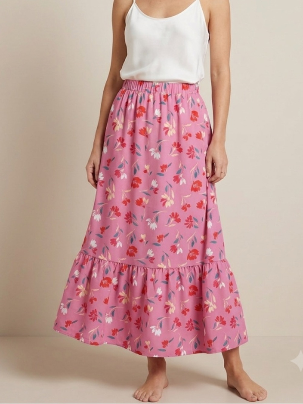 Loft Pink Floral Pull On Maxi Skirt